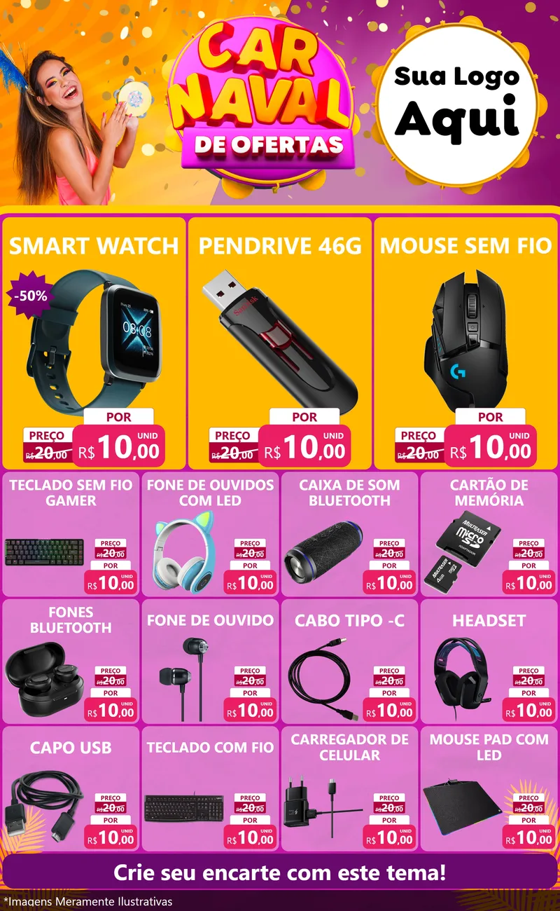 Modelo de Encarte para Encarte Grande com o tema Carnaval de Ofertas para Informática