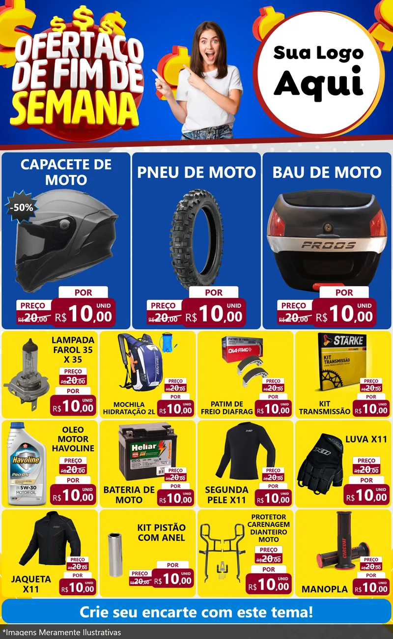 Modelo de Encarte para Encarte Grande com o tema Ofertaço de Fim de Semana para Moto peças