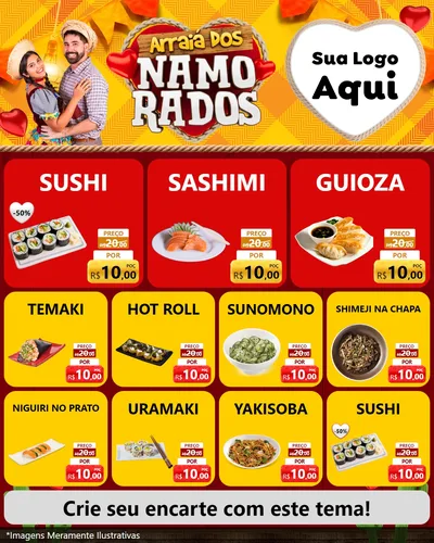 Modelo de Rede Social para Feed Instagram com o tema Arraiá dos Namorados para Comida japonesa