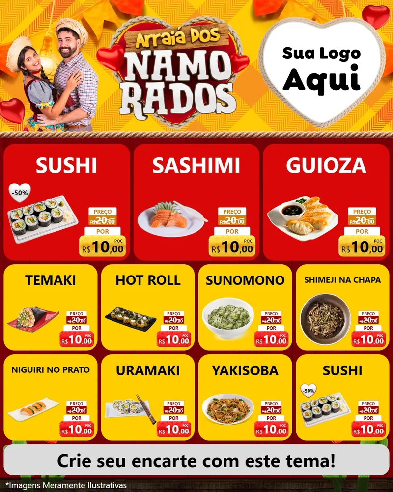 Modelo de Rede Social para Feed Instagram com o tema Arraiá dos Namorados para Comida japonesa