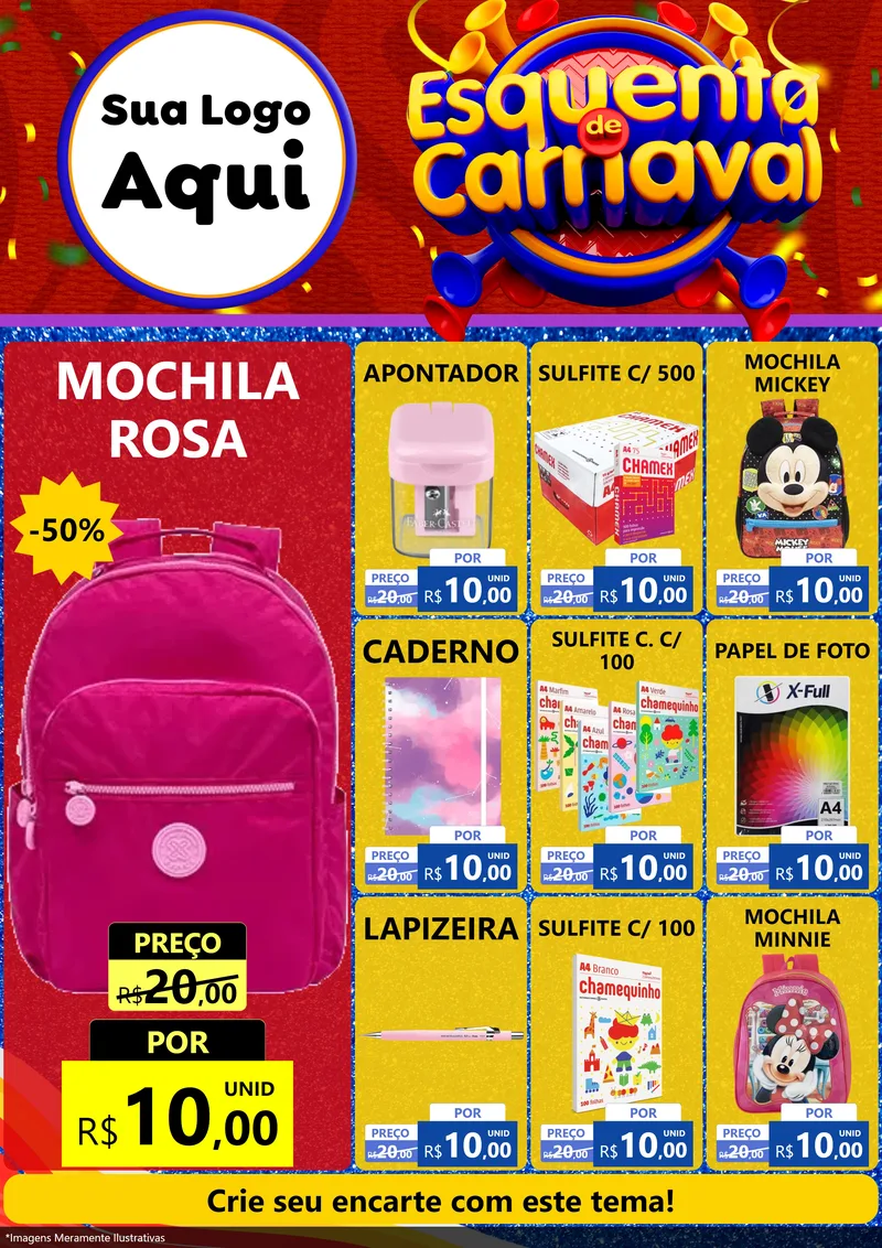 Modelo de Encarte para Encarte A4 Vertical com o tema Esquenta de Carnaval para Papelaria
