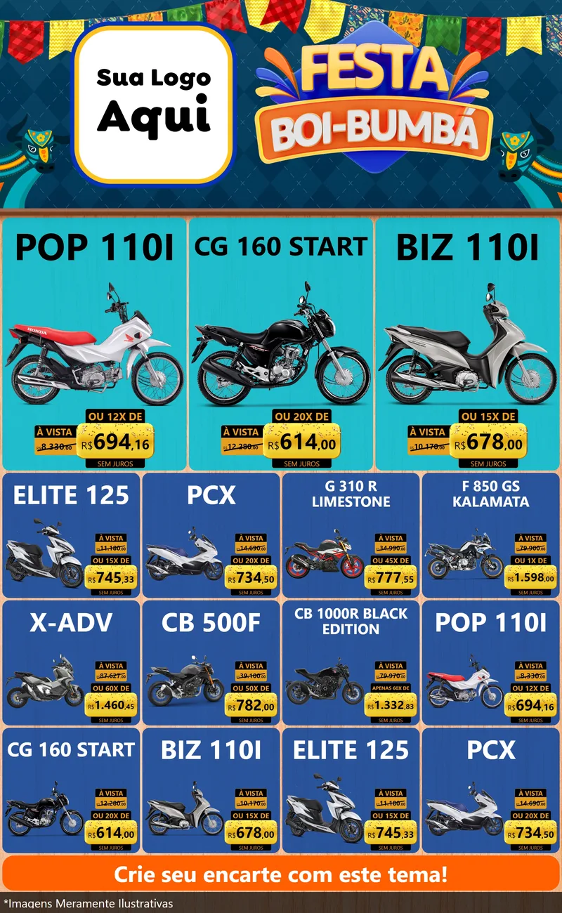 Modelo de Encarte para Encarte Grande com o tema Festa Boi Bumbá para Concessionaria de Motos