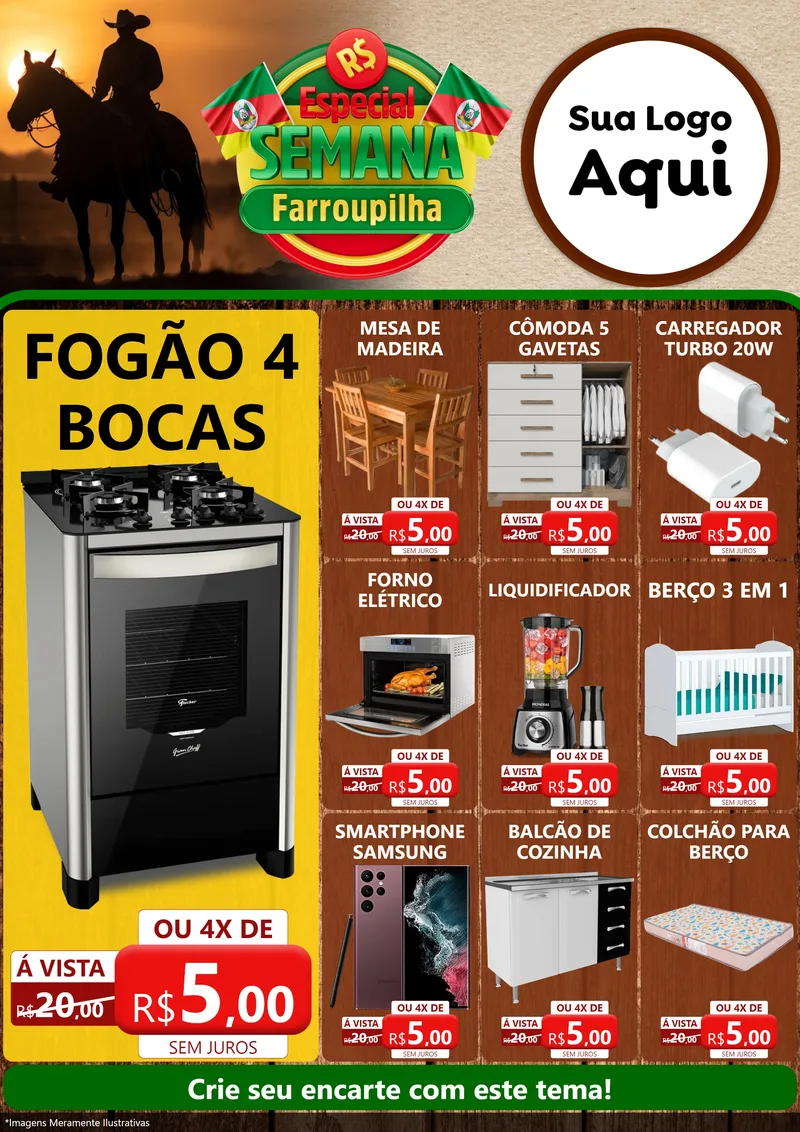 Modelo de Encarte para Encarte A4 Vertical com o tema Especial Semana Farroupilha para Móveis e Eletro