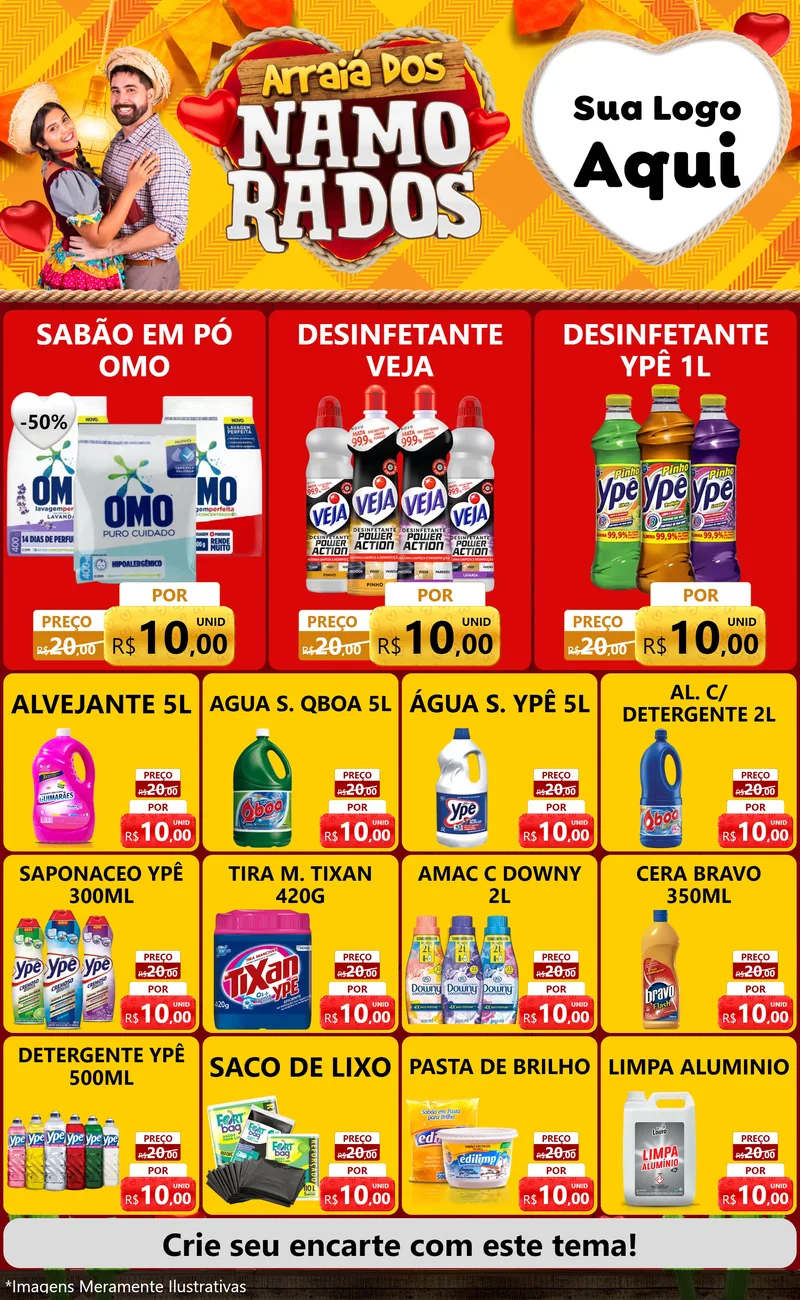 Modelo de Encarte para Encarte Grande com o tema Arraiá dos Namorados para Produtos de Limpeza
