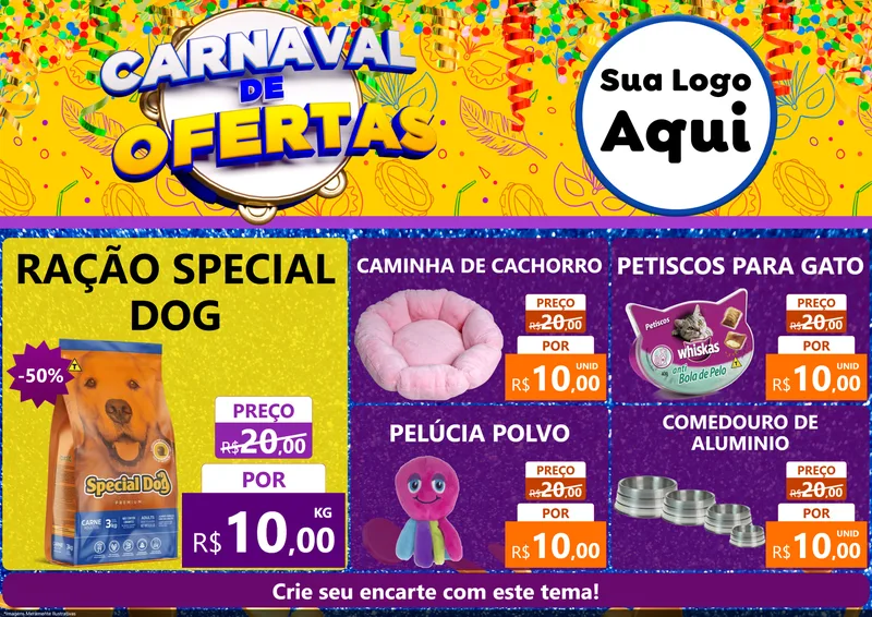 Modelo de Encarte para Encarte A4 Horizontal com o tema Carnaval de Ofertas para Pet Shop