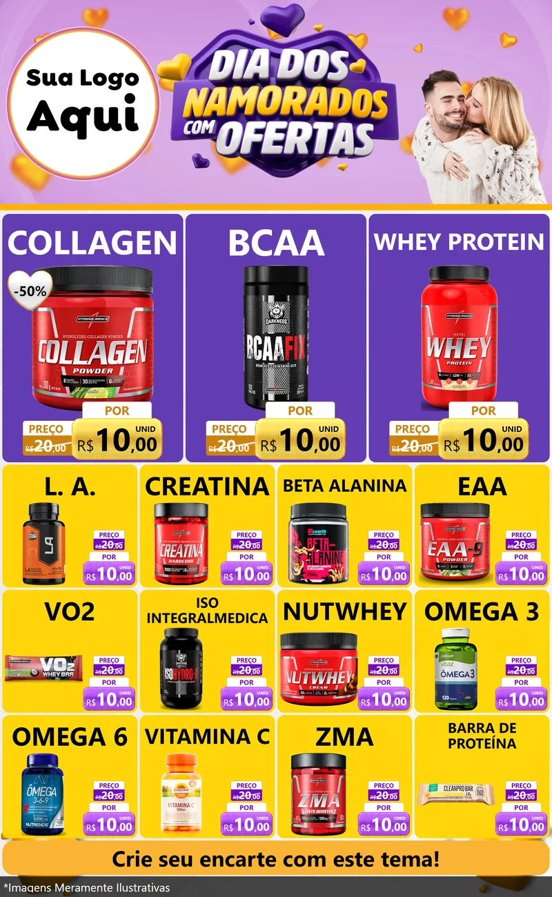 Modelo de Encarte para Encarte Grande com o tema Dia Dos Namorados Com Ofertas para Suplementos alimentares