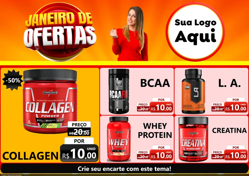 Modelo de Encarte para Encarte A4 Horizontal com o tema Janeiro de Ofertas para Suplementos alimentares
