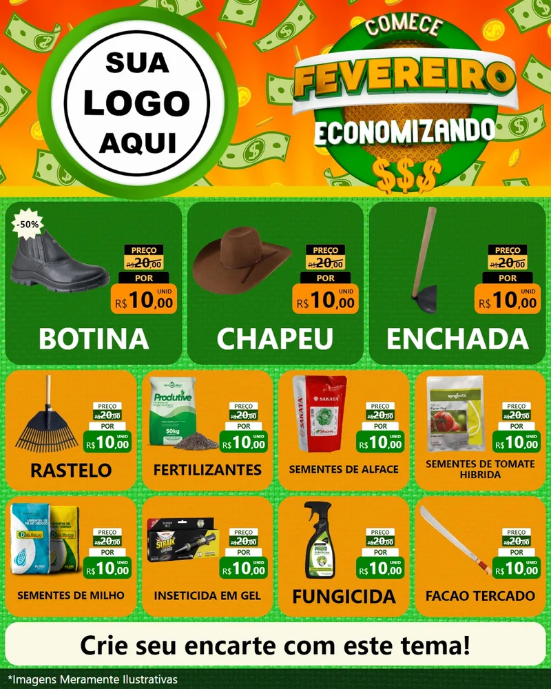 Modelo de Rede Social para Feed Instagram com o tema Comece Fevereiro Economizando para Agropecuária