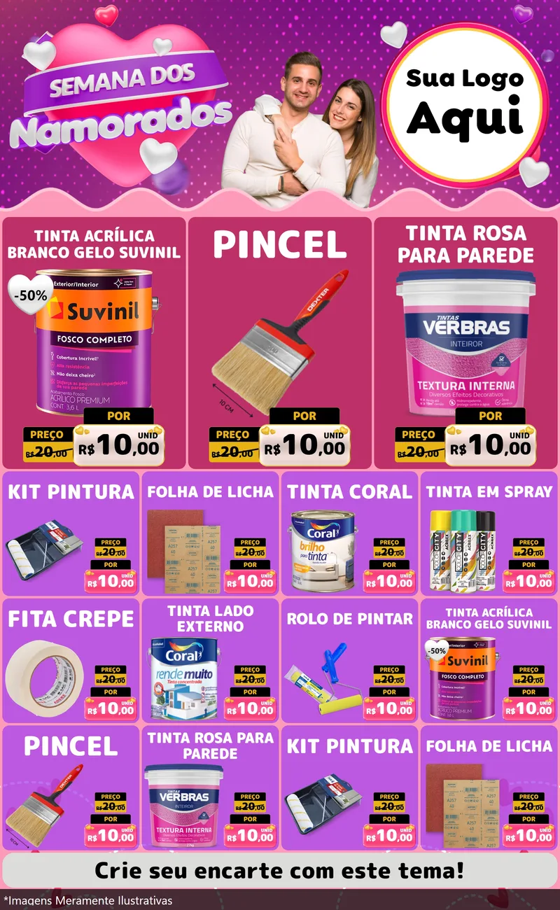 Modelo de Encarte para Encarte Grande com o tema Semana dos Namorados para Tintas e Ferramentas