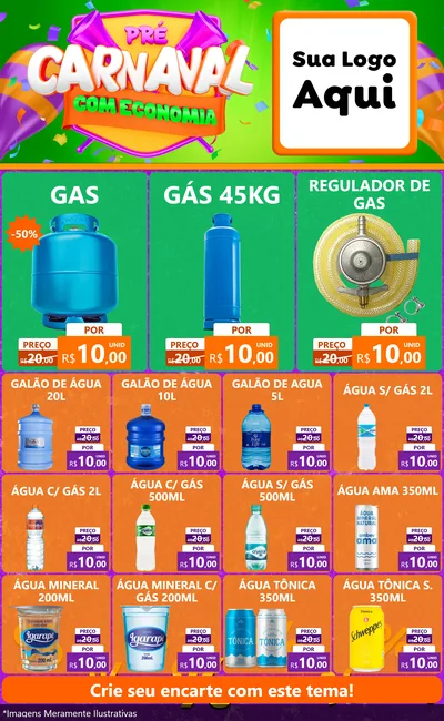 Modelo de Encarte para Encarte Grande com o tema Pré-Carnaval Com Economia para Água e gás