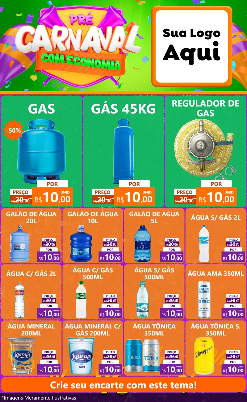 Modelo de Encarte para Encarte Grande com o tema Pré-Carnaval Com Economia para Água e gás