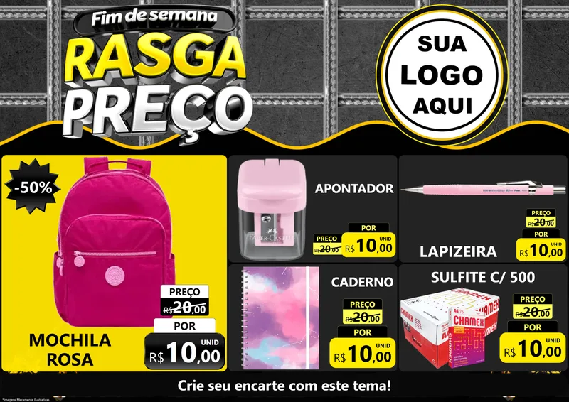 Modelo de Encarte para Encarte A4 Horizontal com o tema Fim de Semana Rasga Preço para Papelaria
