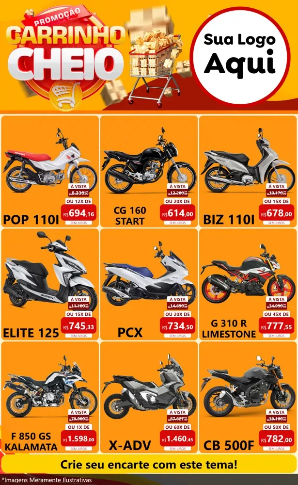 Modelo de Encarte para Encarte Grande com o tema Promoção carrinho cheio para Concessionaria de Motos