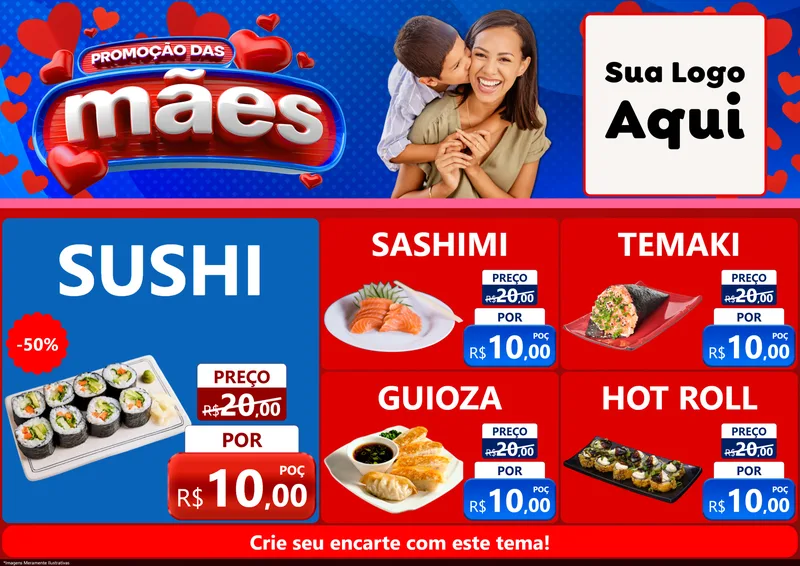Modelo de Encarte para Encarte A4 Horizontal com o tema Promoção das Mães para Comida japonesa