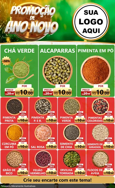 Modelo de Encarte para Encarte Grande com o tema Promoção de Ano Novo para Produtos Naturais