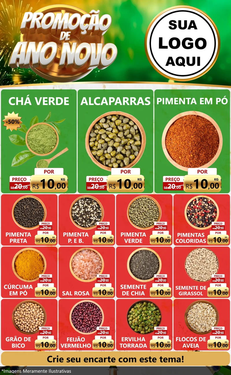 Modelo de Encarte para Encarte Grande com o tema Promoção de Ano Novo para Produtos Naturais