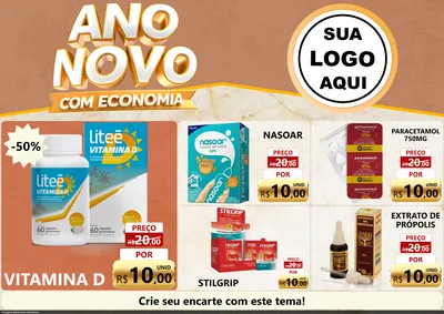 Modelo de Encarte para Encarte A4 Horizontal com o tema Ano Novo Com Economia para Farmácia