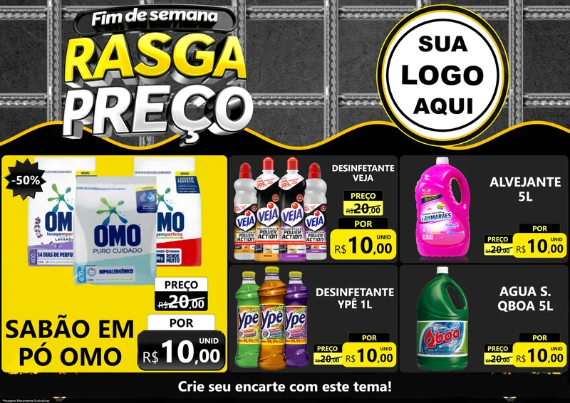 Modelo de Encarte para Encarte A4 Horizontal com o tema Fim de Semana Rasga Preço para Produtos de Limpeza