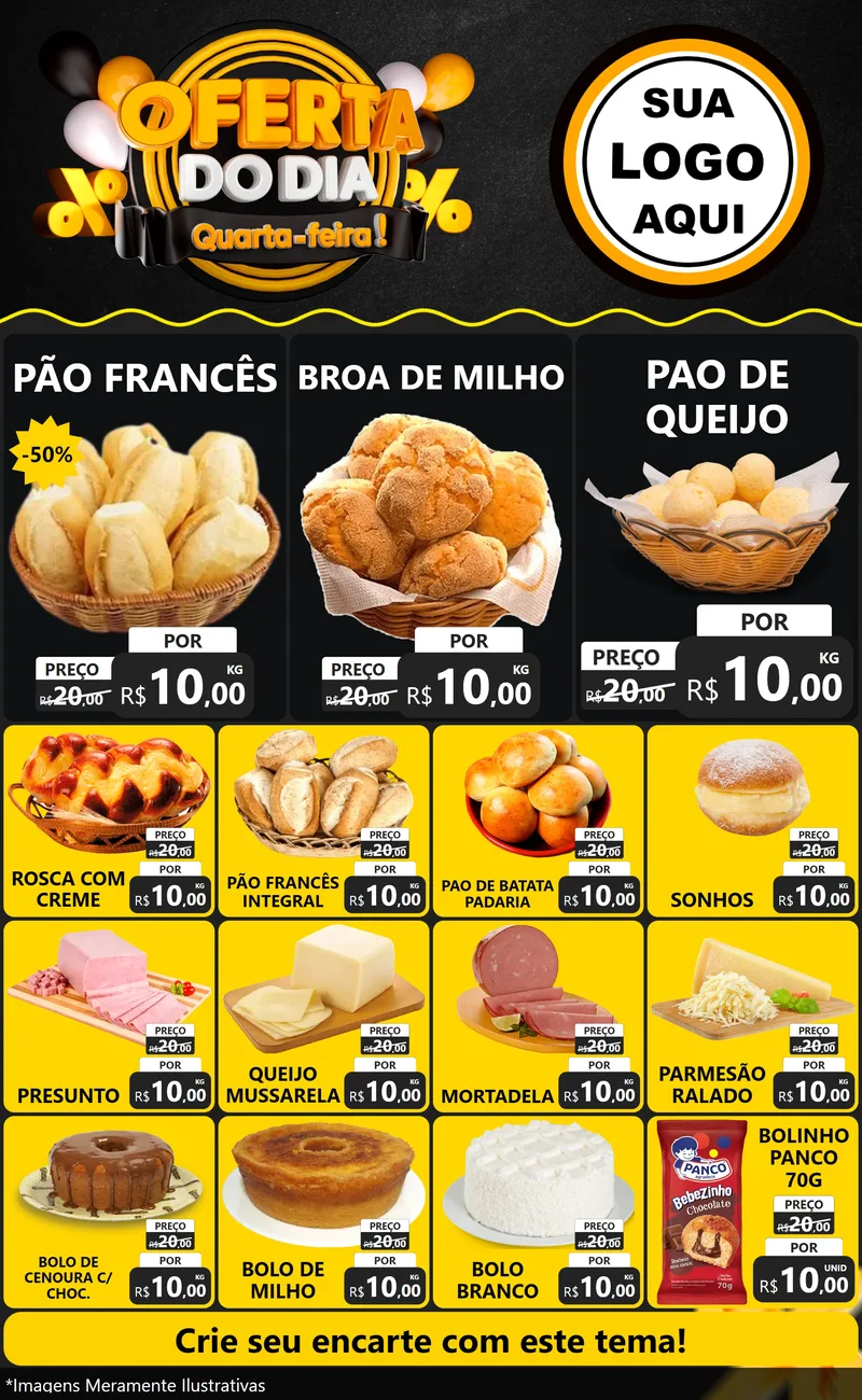 Modelo de Encarte para Encarte Grande com o tema Oferta do Dia - Quarta Feira! para Padaria