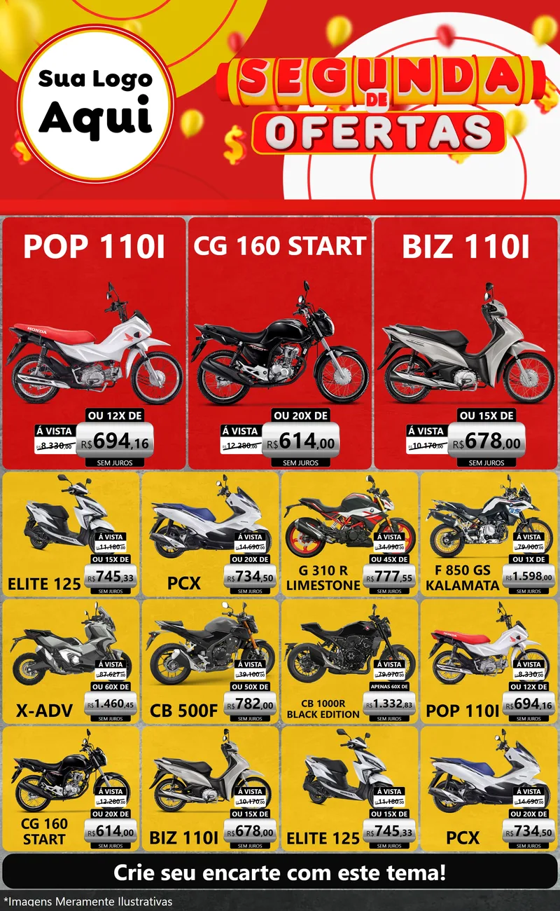 Modelo de Encarte para Encarte Grande com o tema Segunda de Ofertas para Concessionaria de Motos