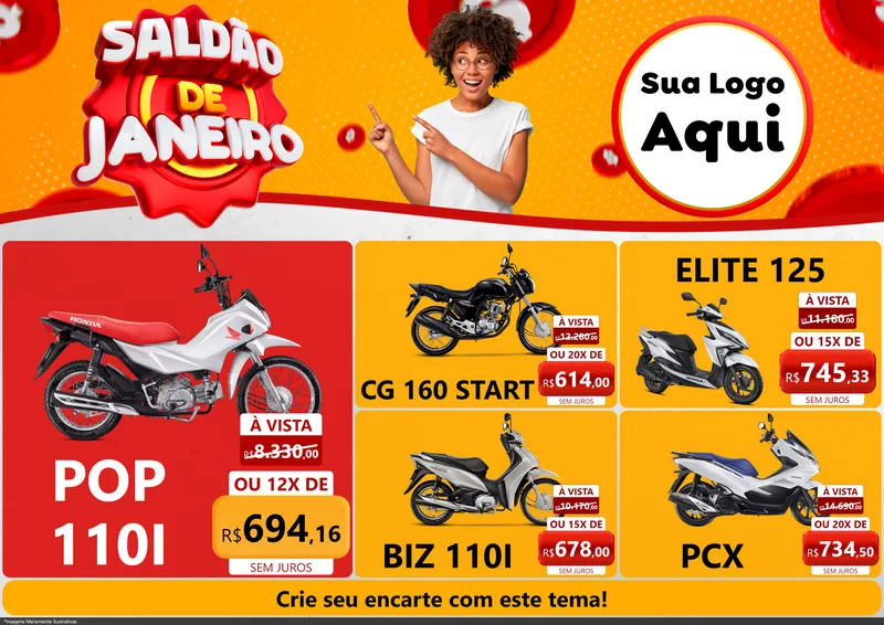 Modelo de Encarte para Encarte A4 Horizontal com o tema Saldão de Janeiro para Concessionaria de Motos