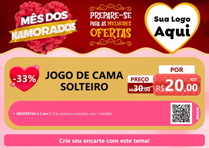 Modelo de Cartaz para Cartaz A4 Horizontal com o tema Mês dos Namorados para Cama, Mesa e Banho