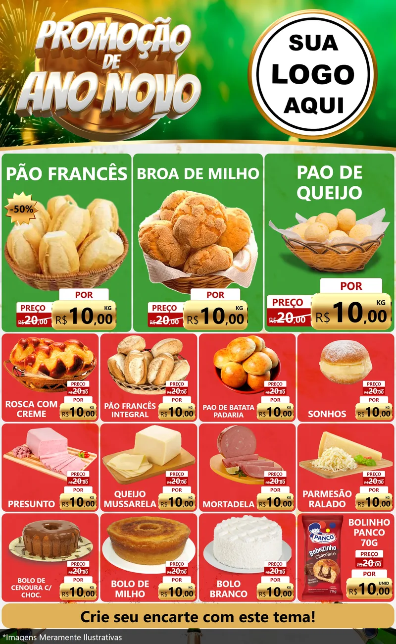 Modelo de Encarte para Encarte Grande com o tema Promoção de Ano Novo para Padaria