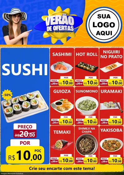 Modelo de Encarte para Encarte A4 Vertical com o tema Verão de Ofertas para Comida japonesa