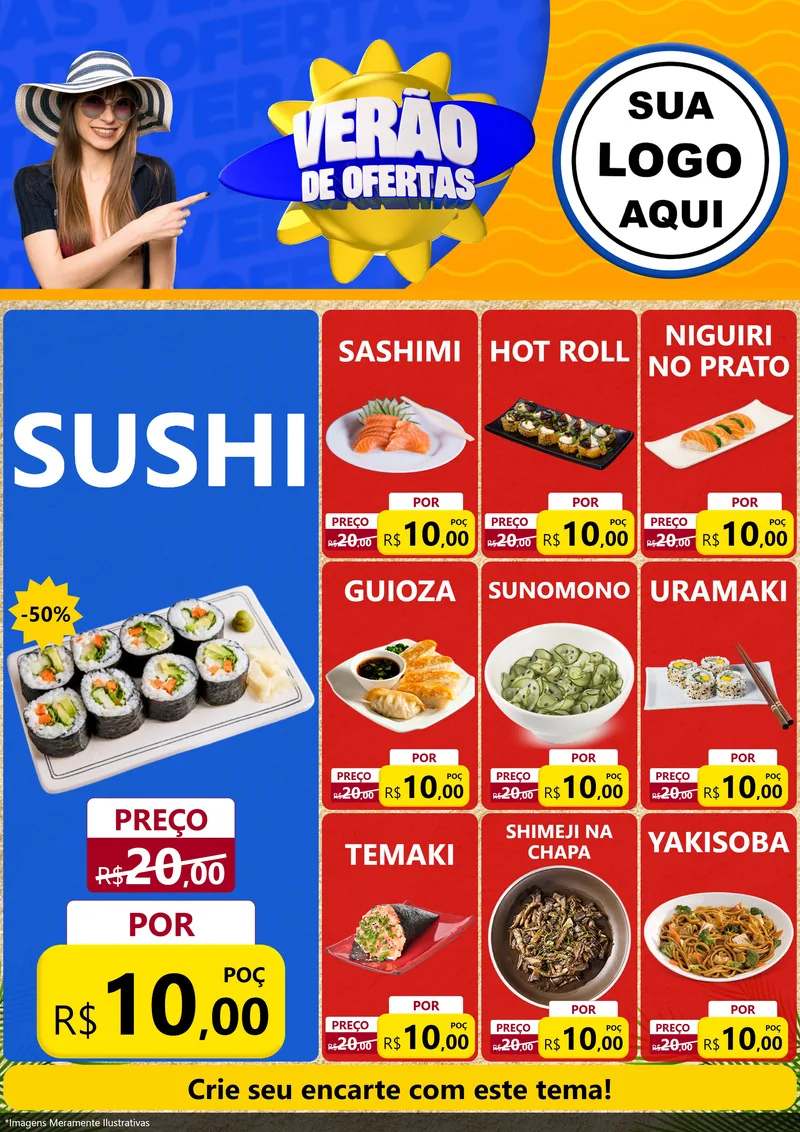 Modelo de Encarte para Encarte A4 Vertical com o tema Verão de Ofertas para Comida japonesa