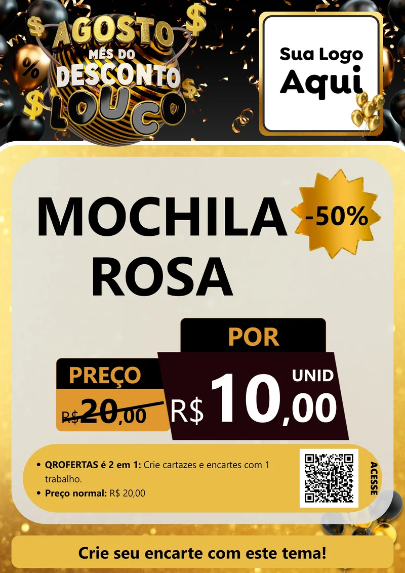 Modelo de Cartaz para Cartaz A4 Vertical com o tema Agosto Mês do Desconto Louco para Papelaria