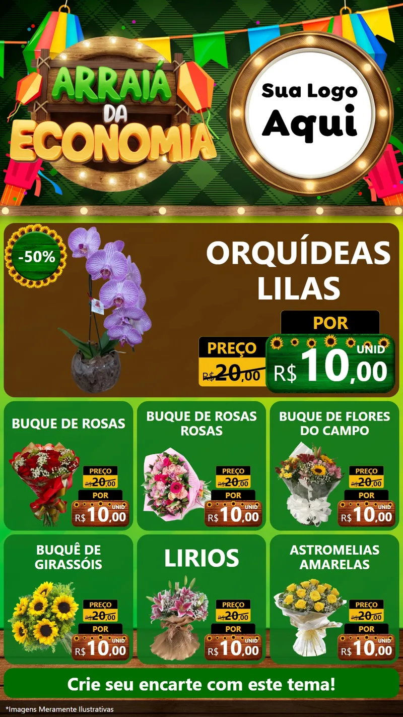 Modelo de Rede Social para Stories com o tema Arraiá de Economia para Floricultura e jardim