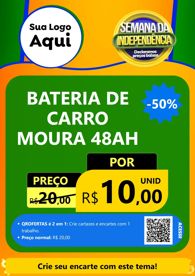 Modelo de Cartaz para Cartaz A4 Vertical com o tema Semana da Independência Declaramos Preços Baixos para Baterias Elétricas