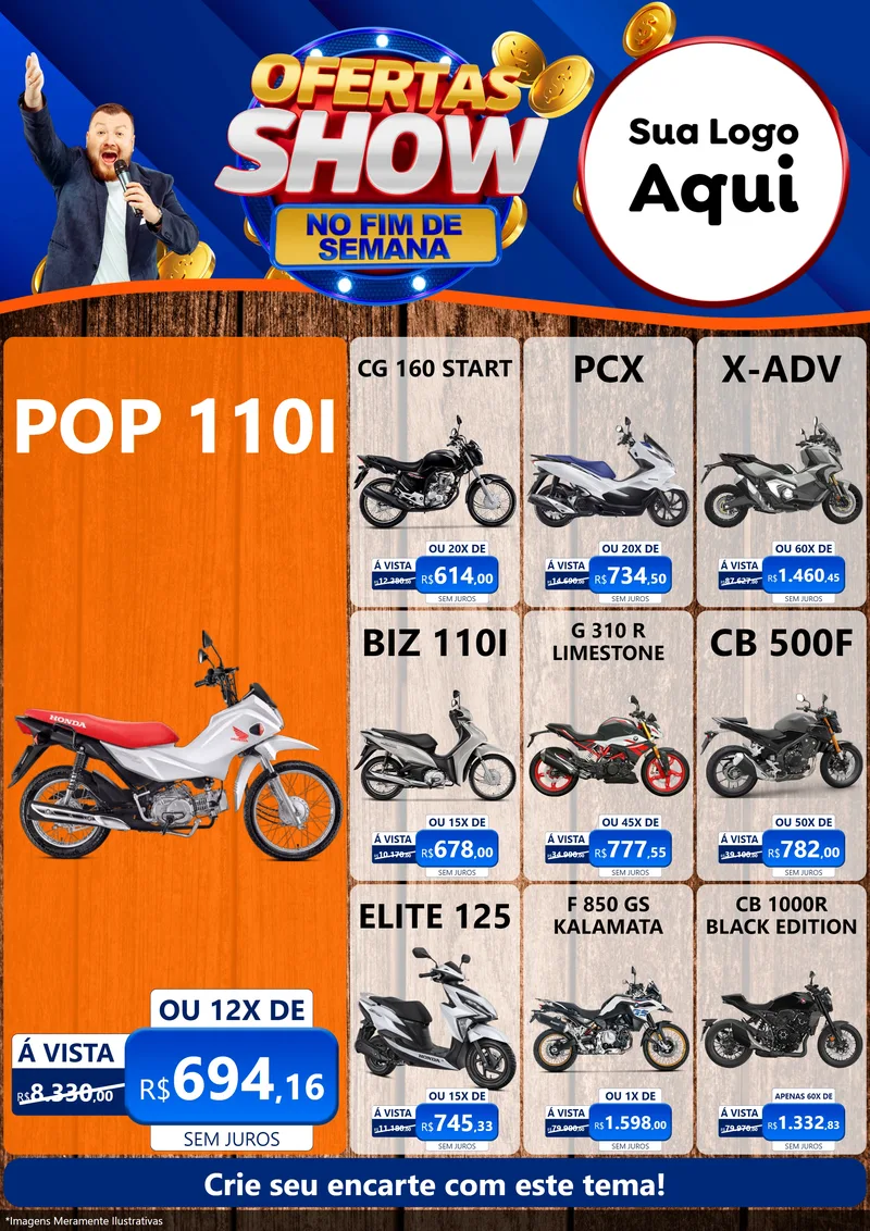Modelo de Encarte para Encarte A4 Vertical com o tema Ofertas Show No Fim De Semana para Concessionaria de Motos