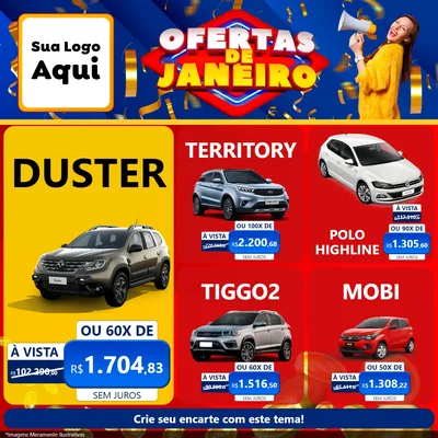 Modelo de Rede Social para Feed Facebook com o tema Ofertas de Janeiro para Concessionaria de Carros