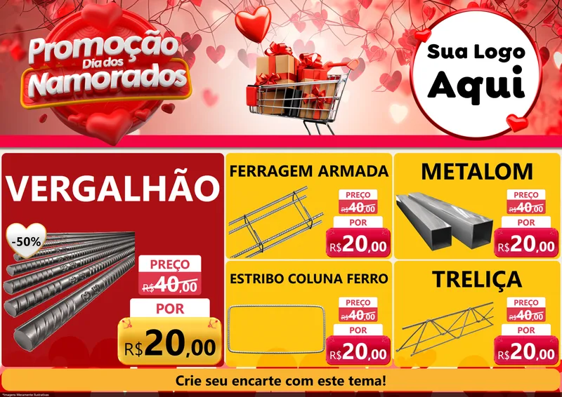 Modelo de Encarte para Encarte A4 Horizontal com o tema Promoção Dia dos Namorados para Ferragens