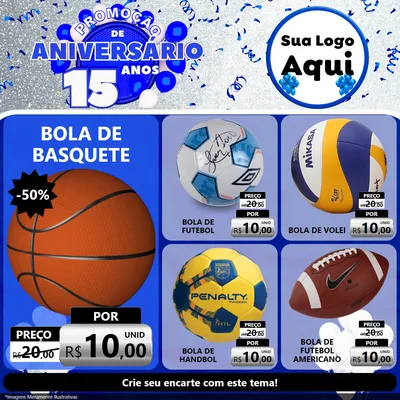 Modelo de Rede Social para Feed Facebook com o tema Promoção de Aniversário - 15 Anos para Artigos Esportivos