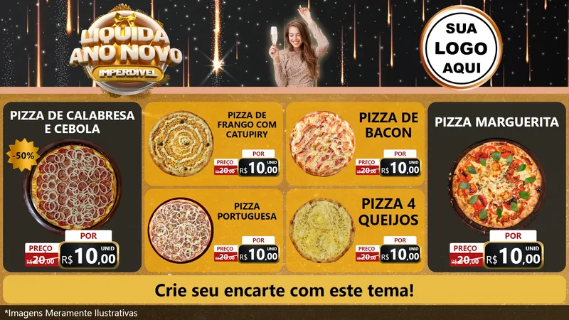 Modelo de TV para TV Horizontal com o tema Liquida Ano Novo Imperdível para Pizzaria
