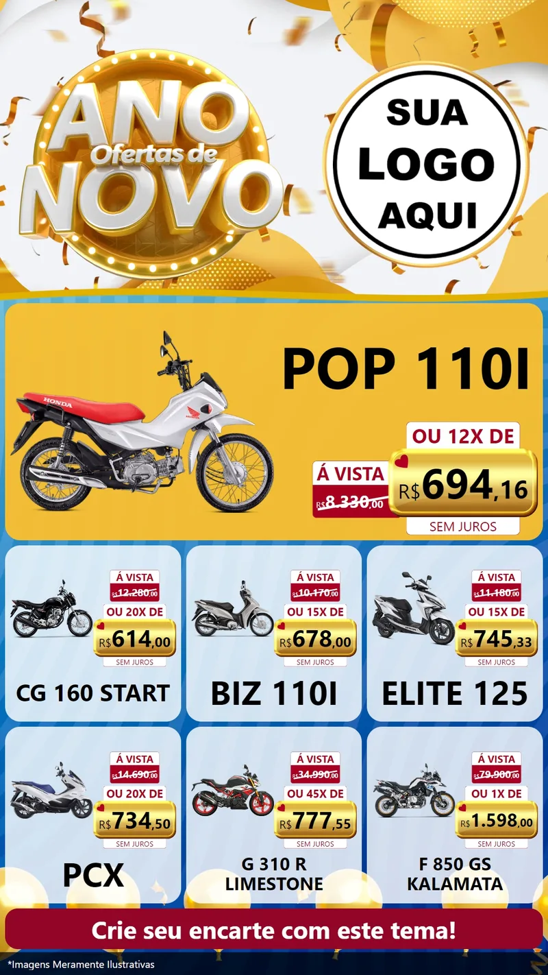 Modelo de Rede Social para Stories com o tema Ofertas de Ano Novo para Concessionaria de Motos