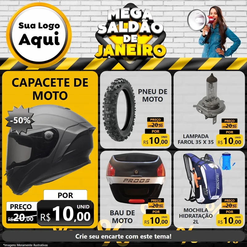Modelo de Rede Social para Feed Facebook com o tema Mega Saldão de Janeiro para Moto peças