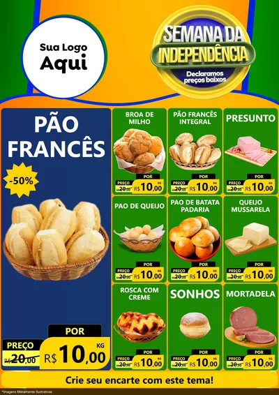 Modelo de Encarte para Encarte A4 Vertical com o tema Semana da Independência Declaramos Preços Baixos para Padaria