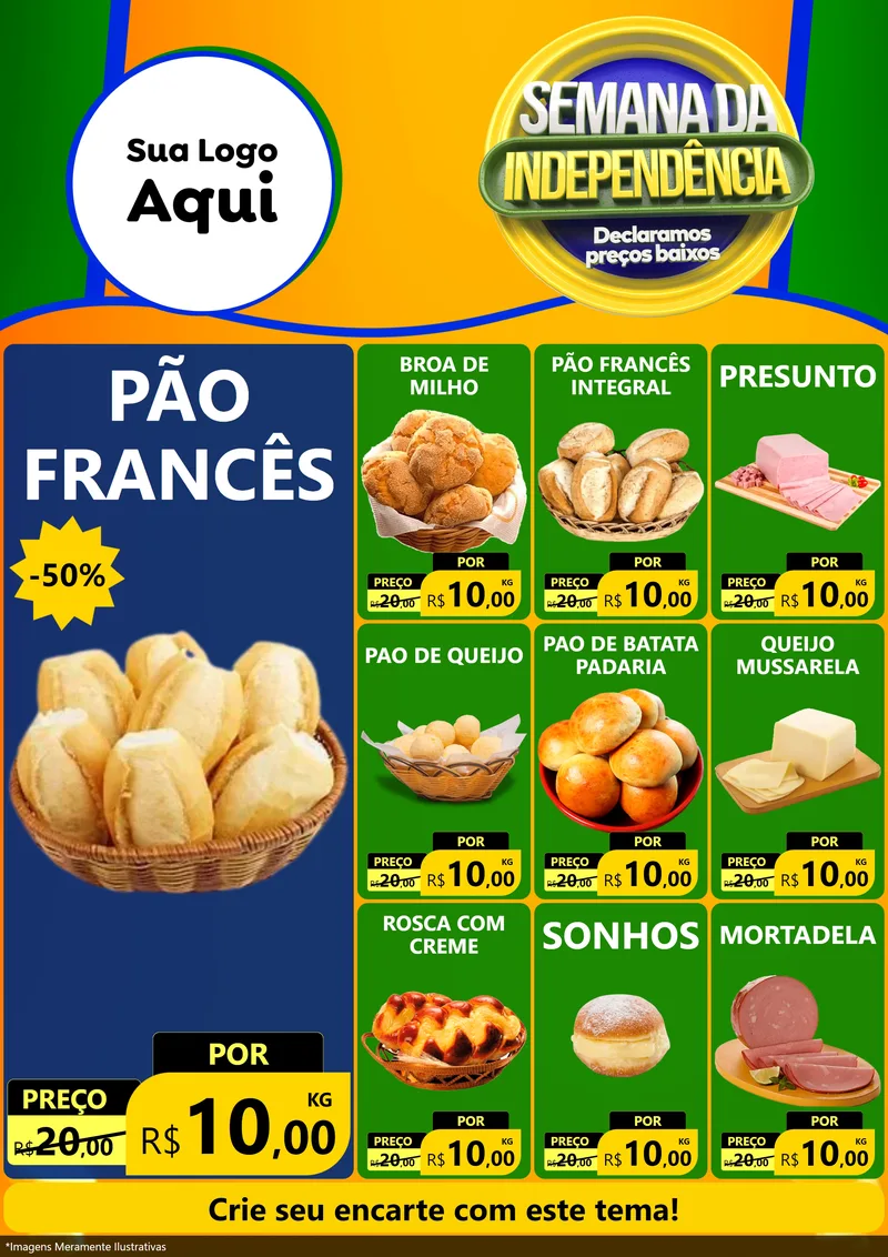 Modelo de Encarte para Encarte A4 Vertical com o tema Semana da Independência Declaramos Preços Baixos para Padaria