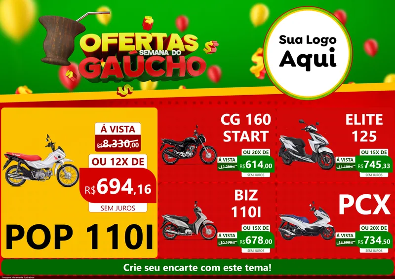 Modelo de Encarte para Encarte A4 Horizontal com o tema Ofertas Semana Do Gaúcho para Concessionaria de Motos