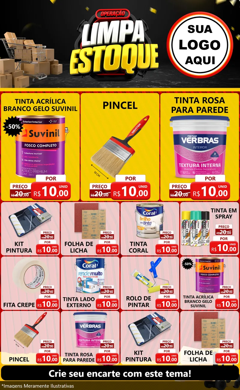 Modelo de Encarte para Encarte Grande com o tema Operação Limpa Estoque para Tintas e Ferramentas