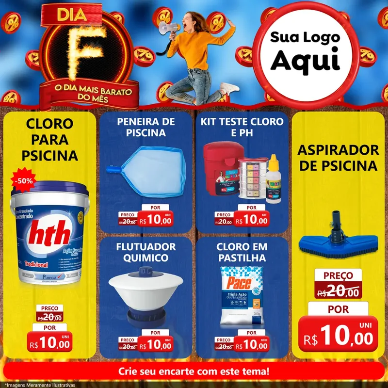 Modelo de Rede Social para Feed Facebook com o tema Dia F - O Dia Mais Barato Do Mês para Produtos para Piscina