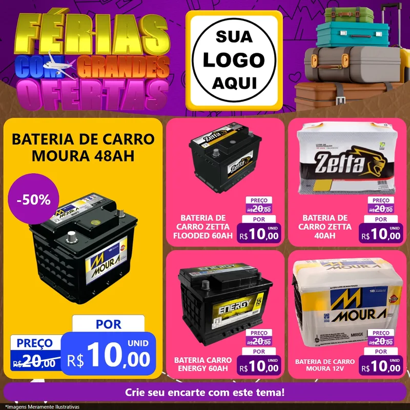 Modelo de Rede Social para Feed Facebook com o tema Férias com Grandes Ofertas para Baterias Elétricas