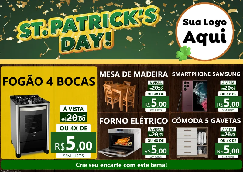 Modelo de Encarte para Encarte A4 Horizontal com o tema St Patriks Day para Móveis e Eletro