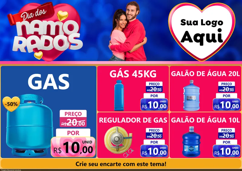 Modelo de Encarte para Encarte A4 Horizontal com o tema Dia dos namorados para Água e gás