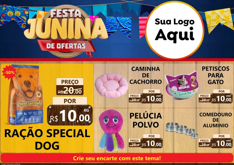 Modelo de Encarte para Encarte A4 Horizontal com o tema Festa Junina de Ofertas para Pet Shop