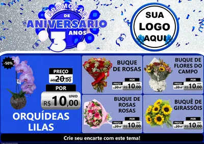 Modelo de Encarte para Encarte A4 Horizontal com o tema Promoção de Aniversário - 3 Anos para Floricultura e jardim