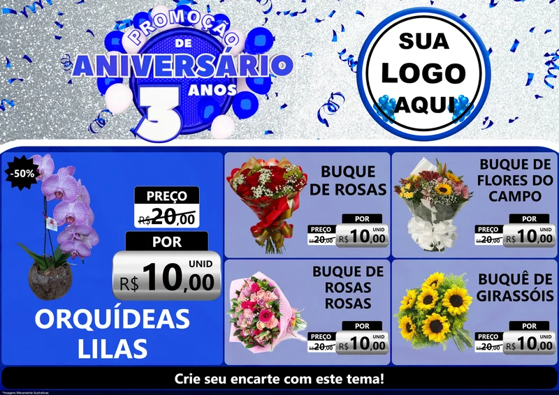 Modelo de Encarte para Encarte A4 Horizontal com o tema Promoção de Aniversário - 3 Anos para Floricultura e jardim